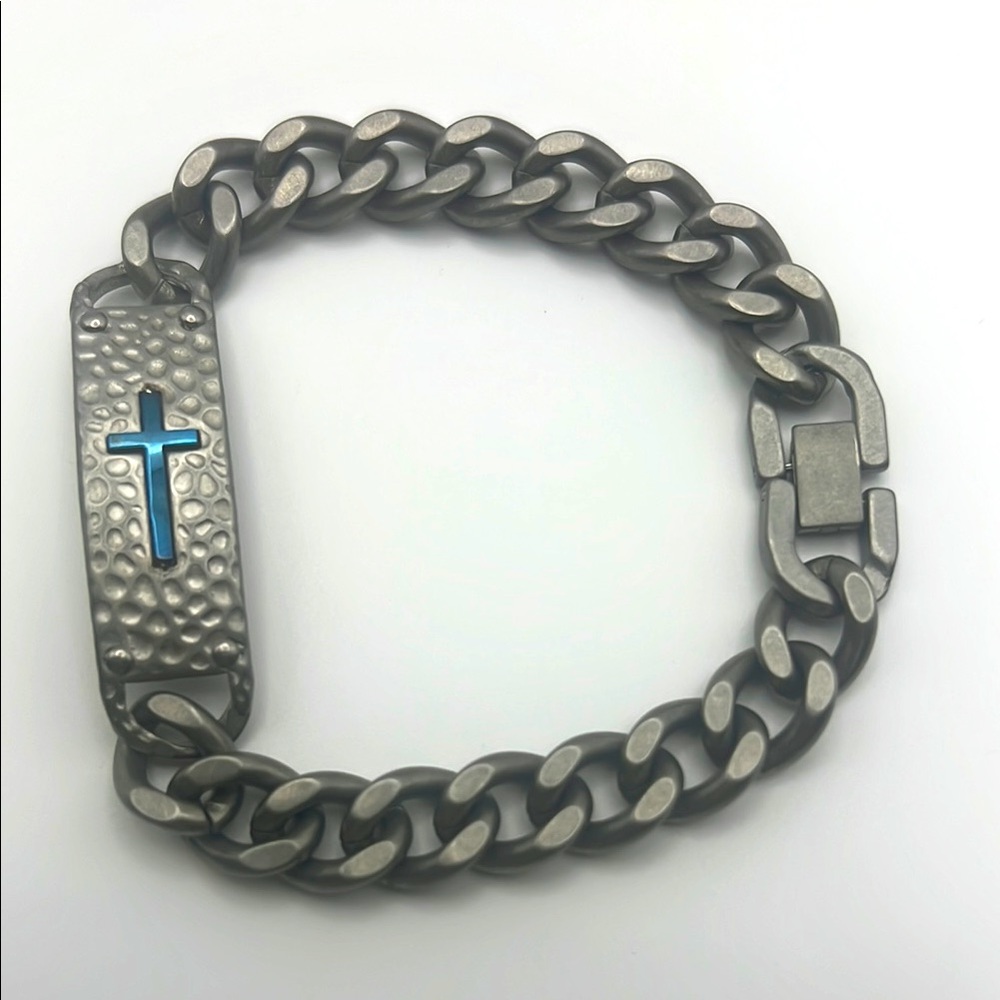 Blackjack, Men's Stainless Steel Silver Bracelet with Blue Cross
